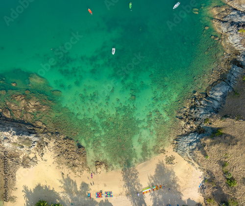 .aerial panorama view above turquoise sea around Nui beach small beach surrounded by tourist attractions..Nui beach is the good place for swimming snorkeling and sea canoe..turquoise sea background..