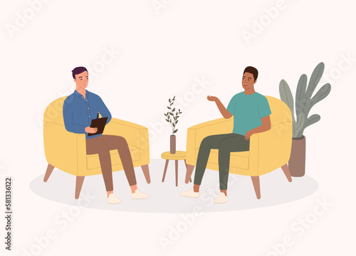Smiling Black Male Client Talking To His Psychologist Who Is Listening While Taking Notes During The Consultation Session. Psychology. Psychotherapy. Psychiatric. Counselee. Psychiatrist.