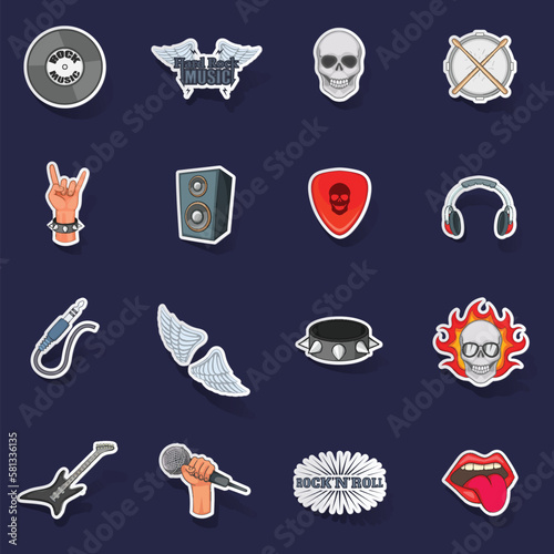 Rock music icons set stikers collection vector with shadow on purple background