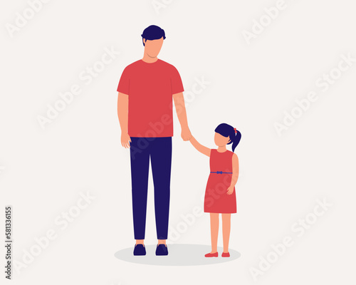 Father With One Child Holding His Daughter's Hand. Full Length. Flat Design Style, Character, Cartoon.