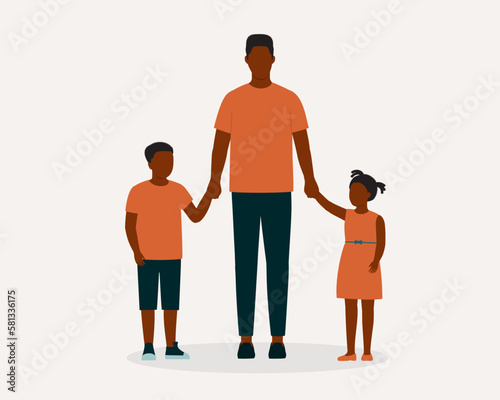 Black Father With Two Children Holding Hands Together. Full Length. Flat Design Style, Character, Cartoon.