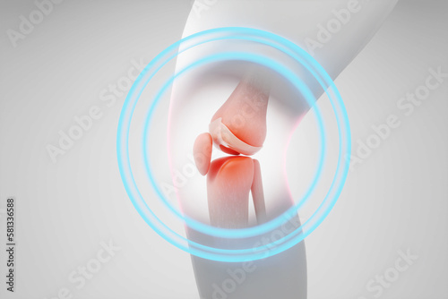 Knee pain with focus circle for knee disease concept isolated white background. 3D rendering.