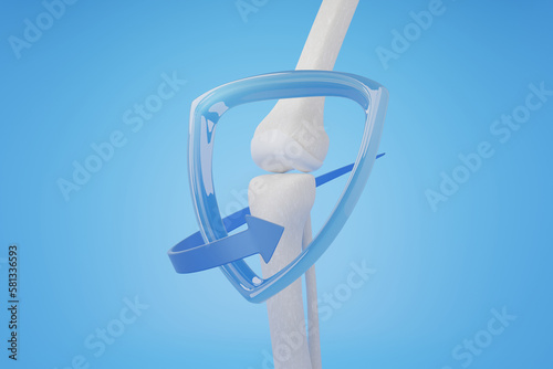 Knee with shield and arrow on blue background metaphor knee pain treatment and protection concept. 3D rendering. photo