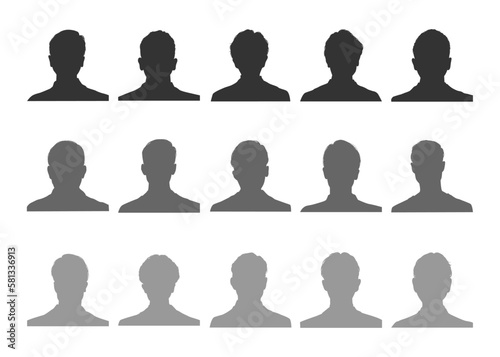 男性の証明写真シルエットセット 顔の正面アップ 上半身の人物アイコン素材