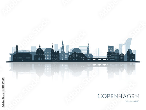 Copenhagen skyline silhouette with reflection. Landscape Copenhagen, Denmark. Vector illustration.