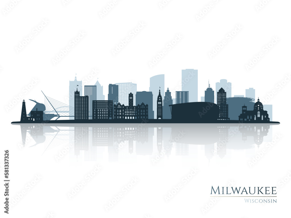 Milwaukee skyline silhouette with reflection. Landscape Milwaukee, Wisconsin. Vector illustration.