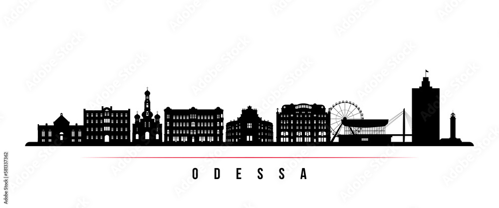 Odessa skyline horizontal banner. Black and white silhouette of Odessa, Ukraine. Vector template for your design.