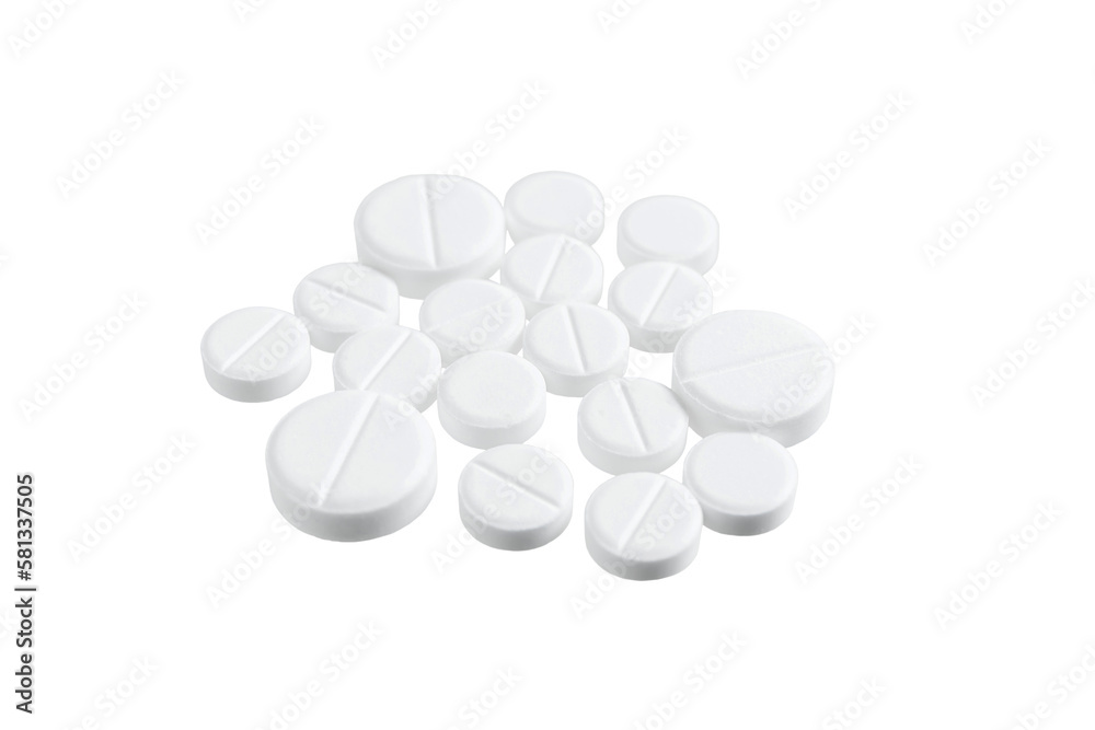White therapeutic pills or drugs for treatment, isolated on transparent background, medicine and healthcare concept, close-up view