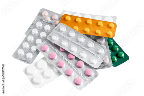 Canvas-taulu Pile of various pills and tablets in a blister packs, isolated on transparent ba