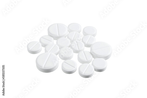 White therapeutic pills or drugs for treatment, isolated on transparent background, medicine and healthcare concept, close-up view