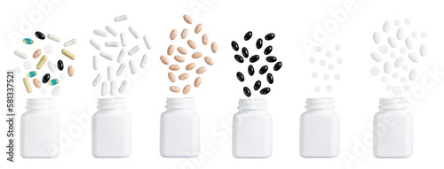 Composition of various multicolor capsules, herbal vitamin pills or drugs for treatment, isolated on transparent background, medicine and healthcare concept, top view photo