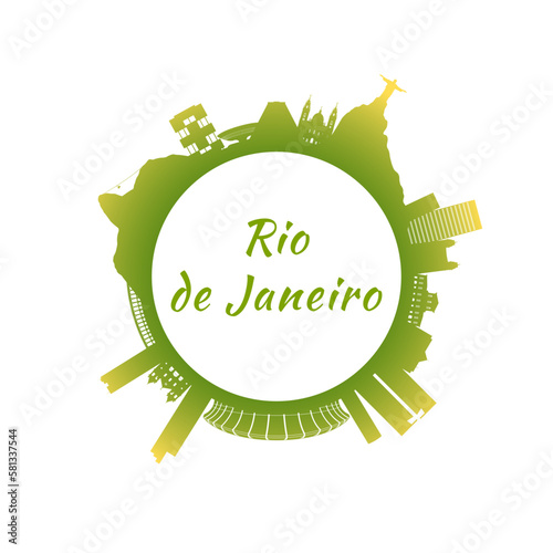 Rio de Janeiro skyline with colorful buildings. Circular style. Stock vector illustration.