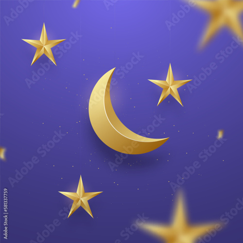 Ramadan Kareem celebration greeting banner. 3D Realistic Golden Crescent Moon and stars hanging from above on purple background.