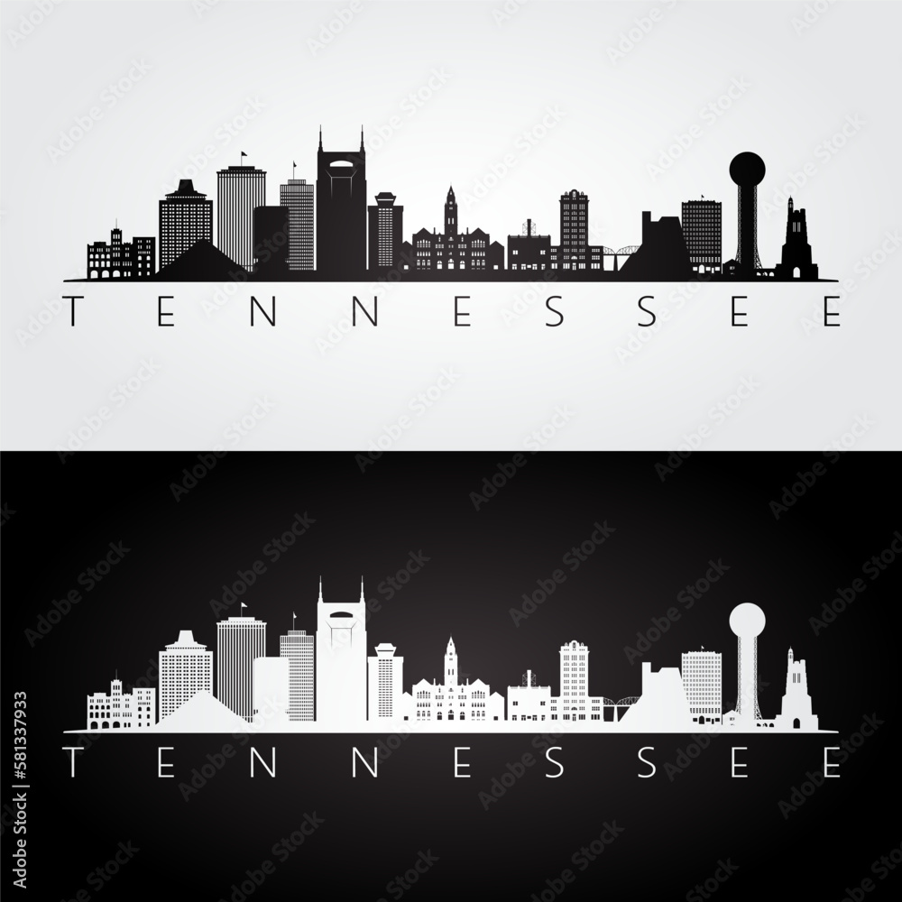 Tennessee state skyline and landmarks silhouette, black and white design. Vector illustration.