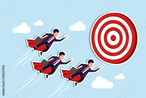 Team target, teamwork or professional aiming and reach business goal, work achievement, cooperation to success, leadership or challenge concept, business people superhero fly to reach target bullseye.