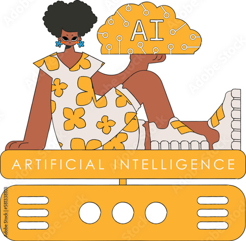 ﻿Girl holds a brain symbolizing AI, illustrated in vector art. photo