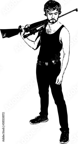 A Sketch Drawing of a Dashing Man with a Gun on His Shoulder, A Silhouette of a Man Holding a Gun with Swagger, Man with Attitude and a Weapon