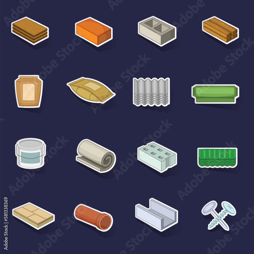 Building material interior icons set stikers collection vector with shadow on purple background
