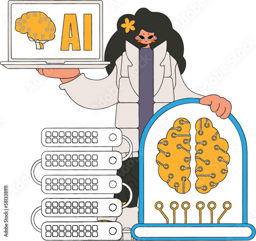 ﻿Girl embraces server with AI, vector art photo