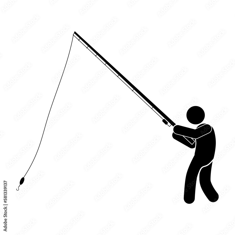 Obraz premium Fisherman silhouette with fishing rod on white background. Vector illustration. 