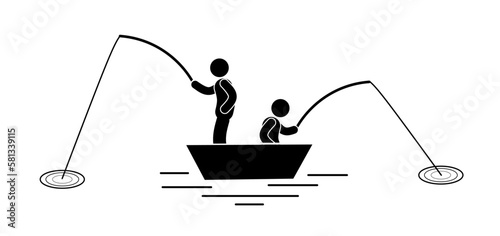 Fisherman silhouette with fishing rod on white background. Vector illustration. 
