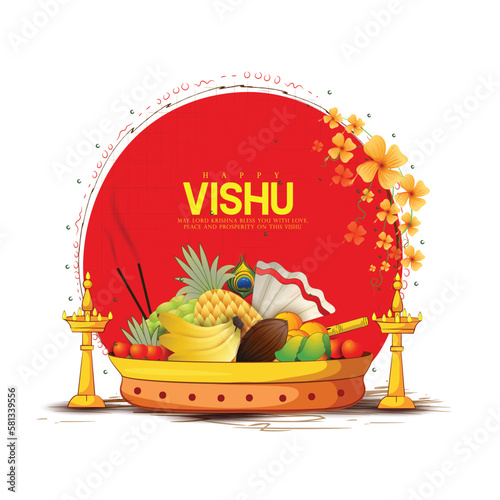 vecter sketch of vishu festival for kerala new year (vishukkani) poster, card, greeting, design with abstract background.
 photo