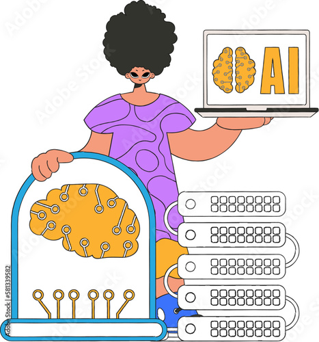 ﻿A man wielding a server that has AI, vector art shown. photo