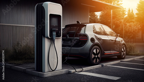 EV Car or Electric vehicle at charging station with the power cable pump supply plugged, car fueling station connected power, alternative sustainable eco energy, Generative AI