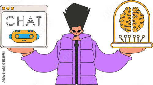 ﻿Man conversing with a robotic AI in his grasp, depicted in vector illustration.