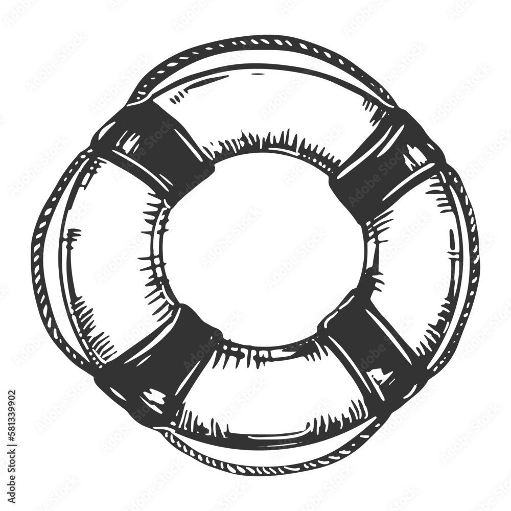 The lifebuoy is tied with a rope. Rescue tool in engraving style. The  concept of help and support, survival. Vintage vector illustration. Clipart  for packaging design in a marine style. Stock Vector