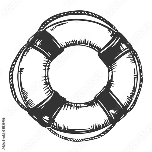 The lifebuoy is tied with a rope. Rescue tool in engraving style. The concept of help and support, survival. Vintage vector illustration. Clipart for packaging design in a marine style.