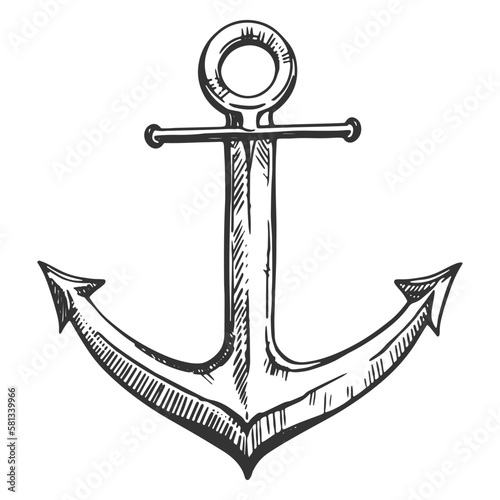 Antique sea anchor on a white background. Part of the equipment for the ship. Vector hand drawn illustration. Clipart for tattoo, emblem, logo, label.