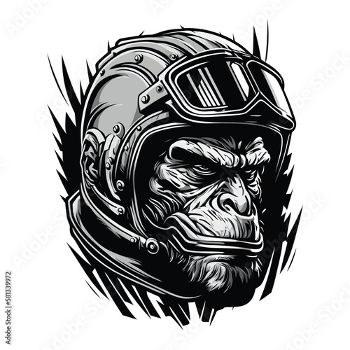 Gorilla's face wearing a motorbike helmet, vector illustration.