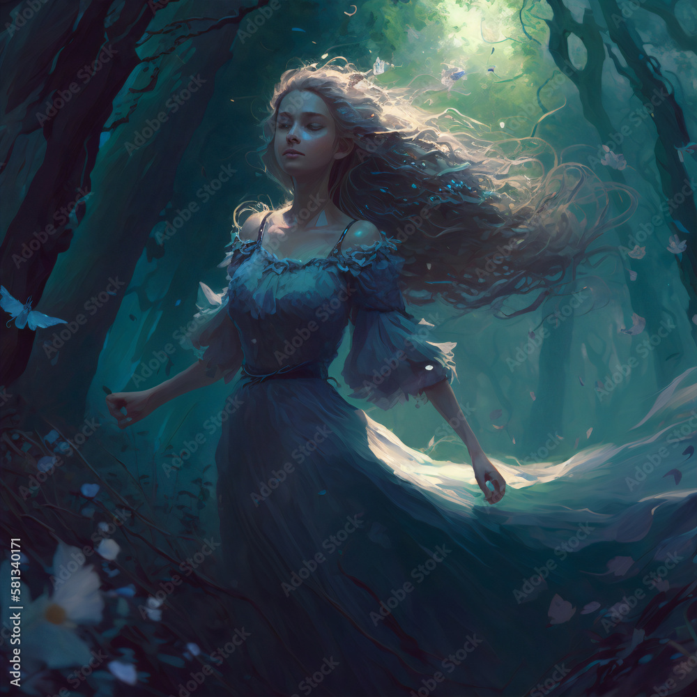 Goddess of the Enchanted Forest: A Highly Detailed Digital Painting of a Beautiful Girl in a Long Blue Dress. Generative AI