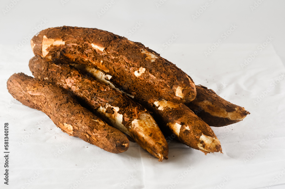 some freshly harvested cassava from the garden isolated on a white background some freshly harvested cassava from the garden isolated on a white background
