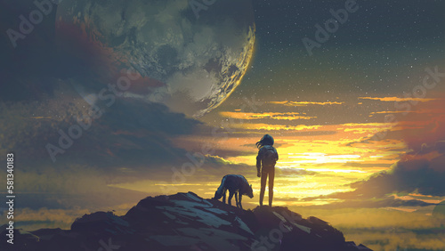 woman and wolf standing on the top of the mountain looking at the sunset., digital art style, illustration painting