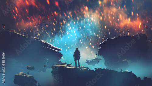 man standing on the floating rock looking at the sky full of fireballs., digital art style, illustration painting