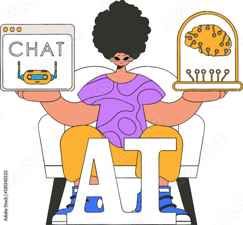 ﻿Man conversing with AI using handheld device, illustrated in vector. photo