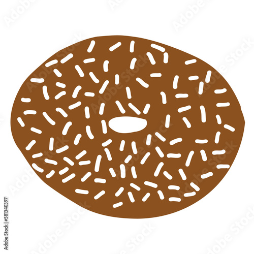 Donut ring in cartoon flat style. White glazed sprinkles on a chocolate base Sweet bakery. Colorful candy for party and shop. Delicious doughnut. Vector illustration isolated on white background.
