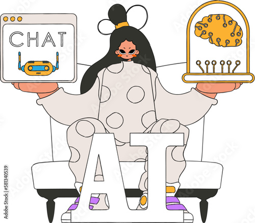 ﻿Girl using AI in her hands, shown via vector illustration.