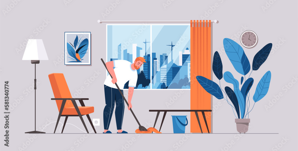 Man is doing housework. Guy with cleaning equipment, mop, rag, bucket is washing floors in apartment. Vector character flat cartoon illustration. Man is doing housework. Guy with cleaning equipment, mop, rag, bucket is washing floors in apartment. Vector character flat cartoon illustration.