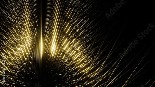 Minimal 3D futuristic wallpaper with metallic golden hairs, dark background, concetration space, curved, turbulence, bright accent, contemporary, illustration, effect, design, visualisation, render photo