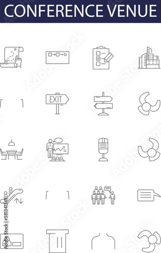 Conference venue line vector icons and signs. Arena, Auditorium, Palace, Hall, Forum, Center, Facility, Room outline vector illustration set