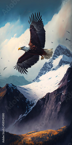 eagle flying over mountains. Generative AI © Kanchana