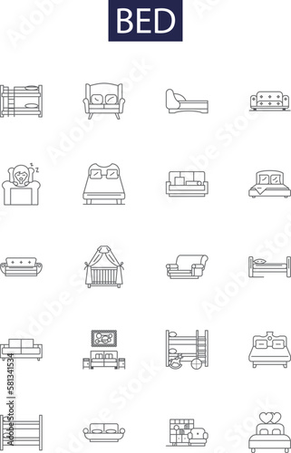 Bed line vector icons and signs. Rest, Sleep, Sheets, Blanket, Pillow, Headboard, Slumber, Comfort outline vector illustration set