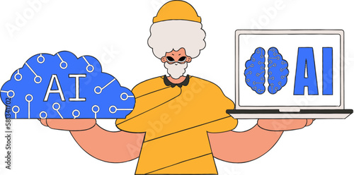 ﻿A person cradling an AI brain, in vector artwork.