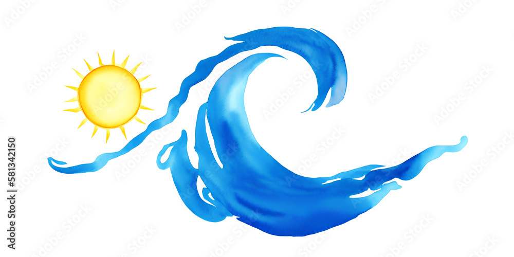 Fototapeta premium Watercolor drawing of sea waves and sun, isolated on white background, design