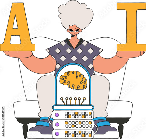 ﻿A man with A and I holding up, against artificial intelligence backdrop, drawn in vector style.