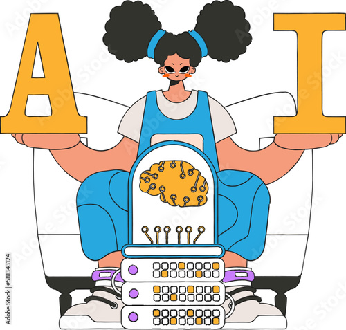 Illustration of woman A and I letters, AI theming. Vector.