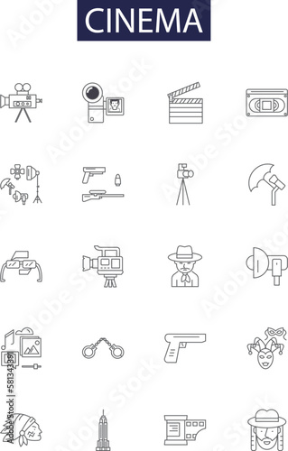 Cinema line vector icons and signs. Film, Theater, Theater-goer, Video, Reel, Projector, Blockbuster, Actors outline vector illustration set
